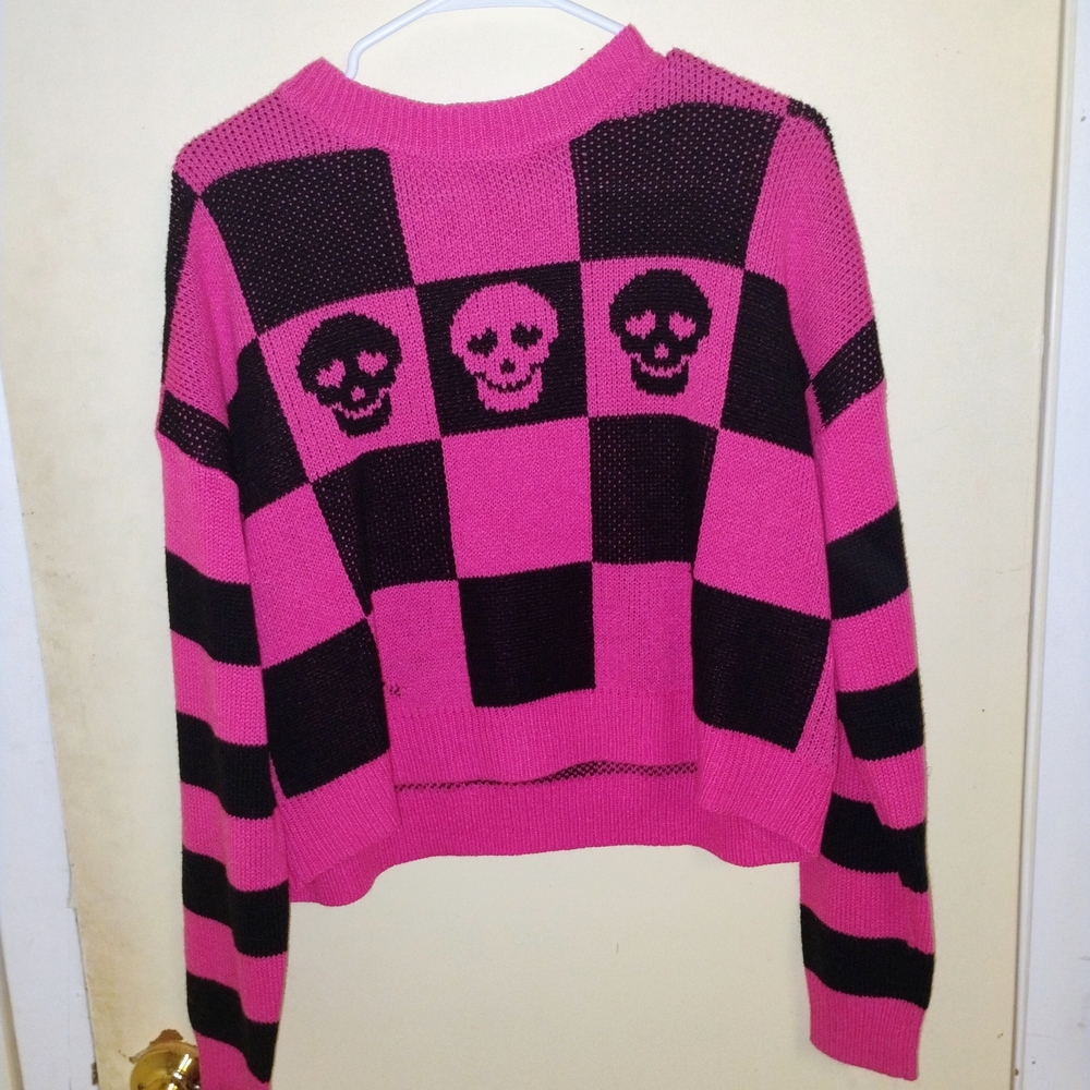 Pink and Black Checkered Skull Sweater